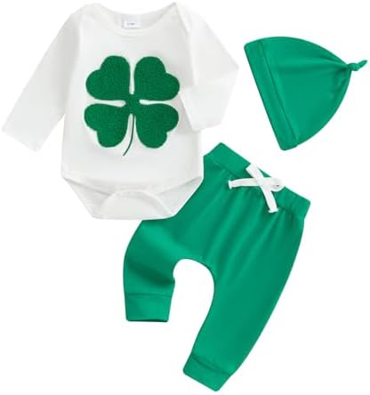 St Patricks Day Clover Romper 3-Piece Set for Baby Boys