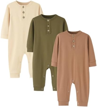 Bafeicao 3-Pack Unisex Newborn Romper Organic Cotton Long Sleeve Button Jumpsuit