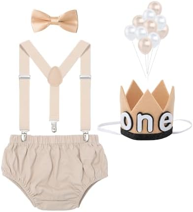 Bow Tie First Birthday Suspenders Diaper Cover Sparkling Crown for Baby Boys