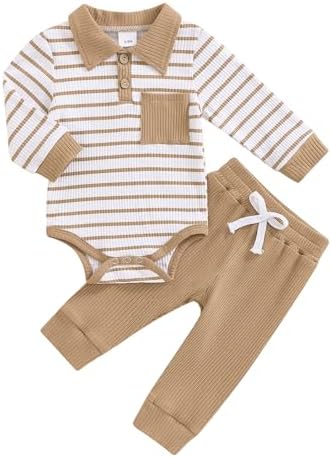 Molgkyo Newborn Baby Boy Romper Pants Set Ribbed Striped FallWinter Outfits