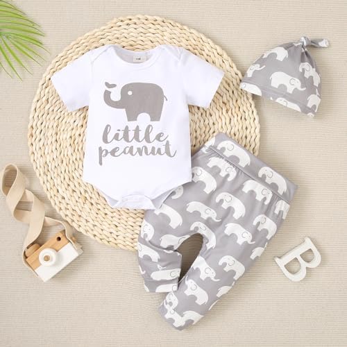 Cute Baby Boys Romper Bodysuit Set with Elastic Waist Cute Elephants