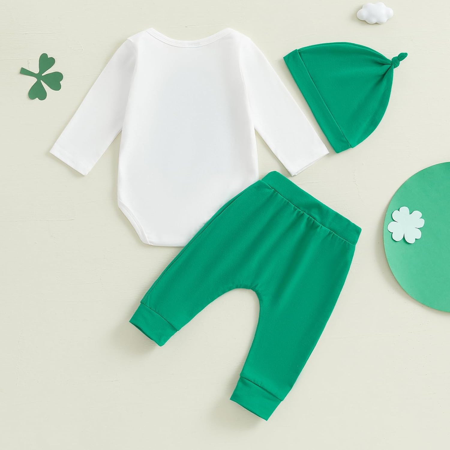 St Patricks Day Clover Romper 3-Piece Set for Baby Boys