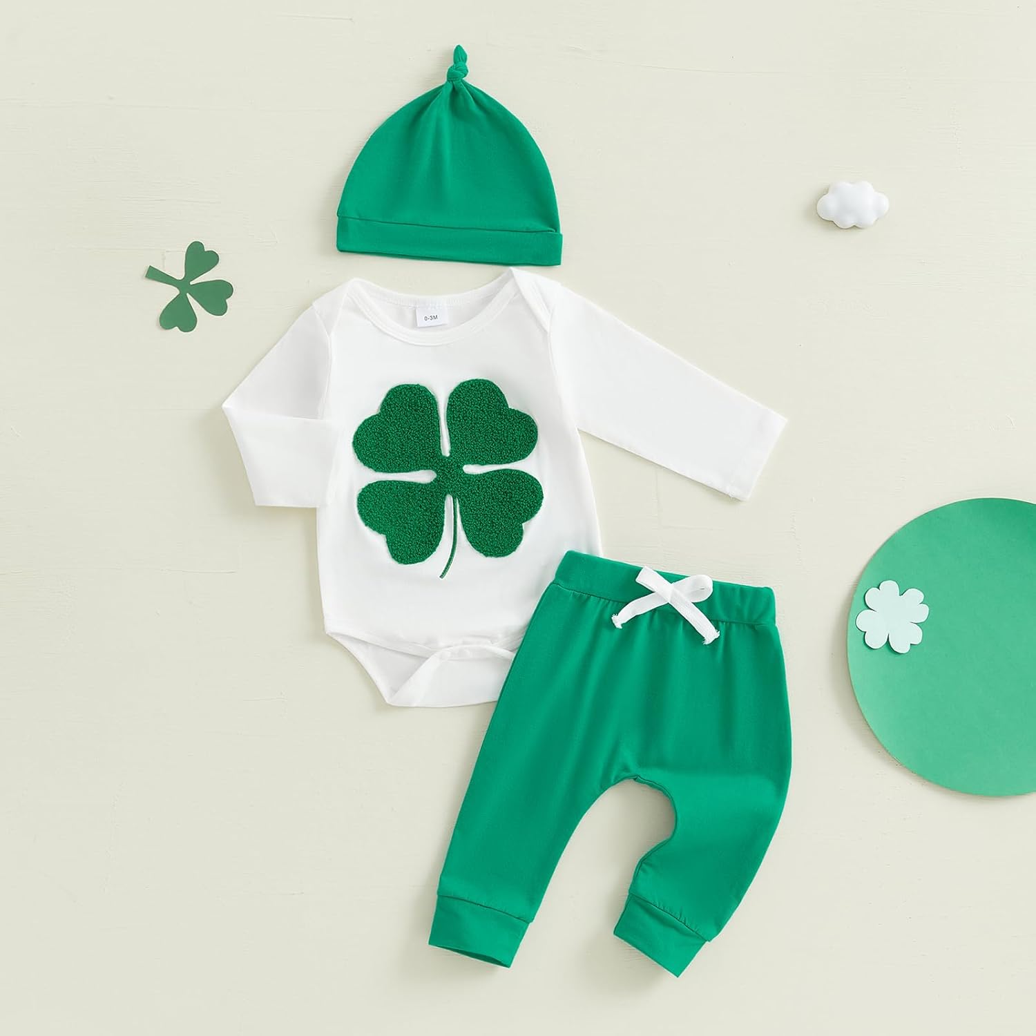St Patricks Day Clover Romper 3-Piece Set for Baby Boys