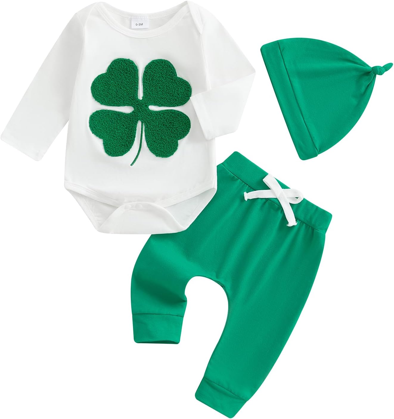St Patricks Day Clover Romper 3-Piece Set for Baby Boys