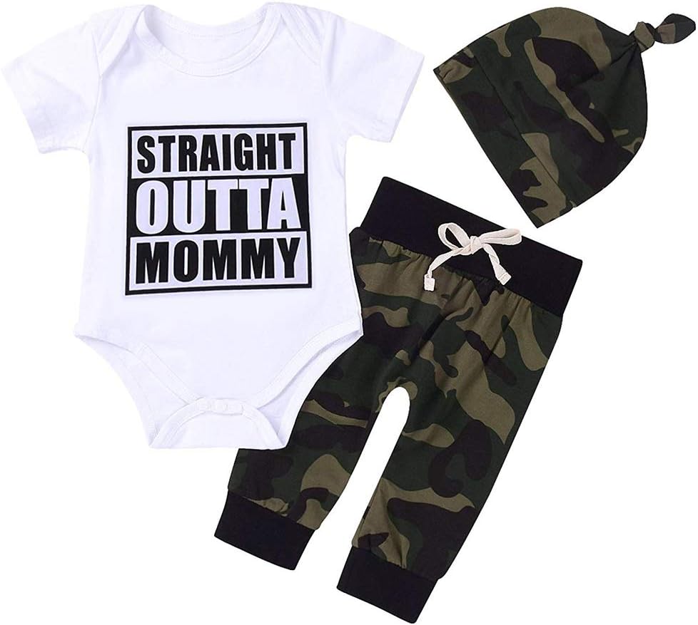 Cute 3-Piece Romper Camouflage Pants Hat Set for Newborn Boys