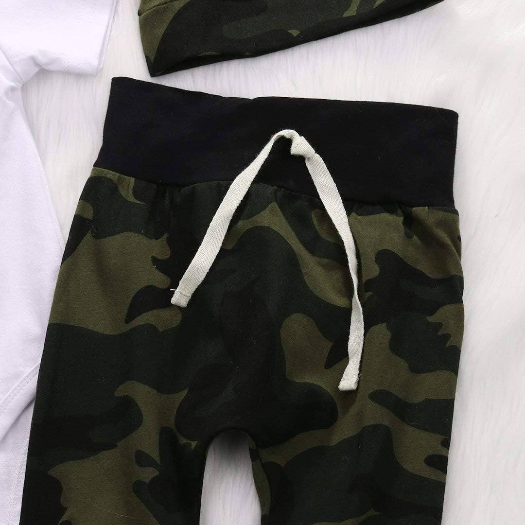 Cute 3-Piece Romper Camouflage Pants Hat Set for Newborn Boys
