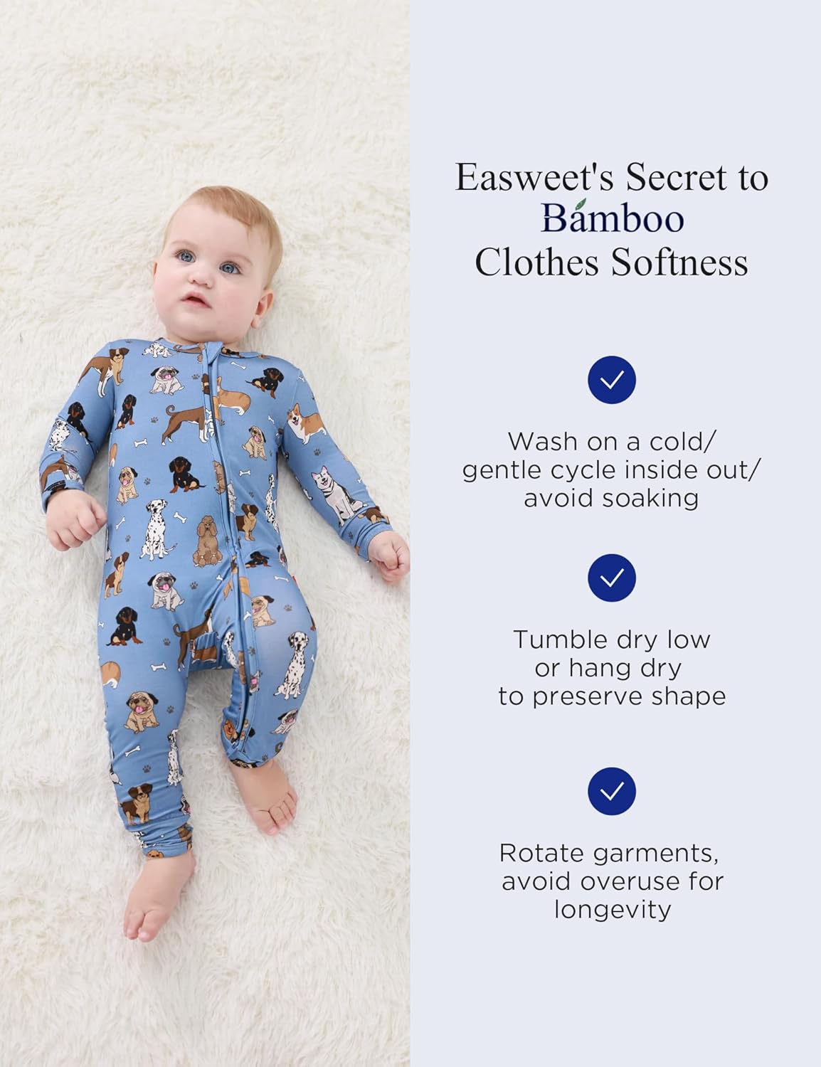 EASWEET Bamboo Viscose Pajama for Baby Zipped Diaper friendly