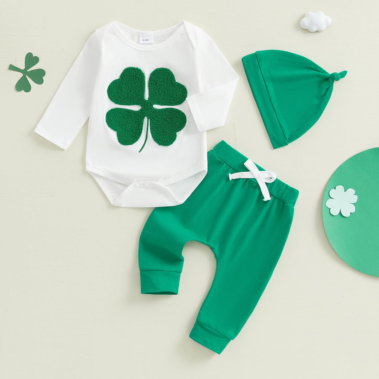 St Patricks Day Clover Romper 3-Piece Set for Baby Boys