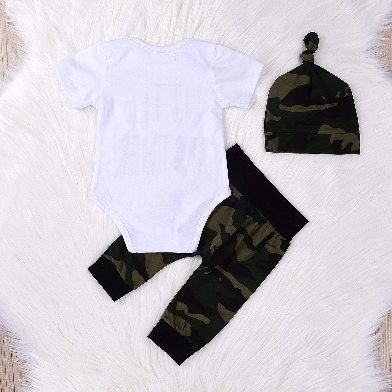 Cute 3-Piece Romper Camouflage Pants Hat Set for Newborn Boys