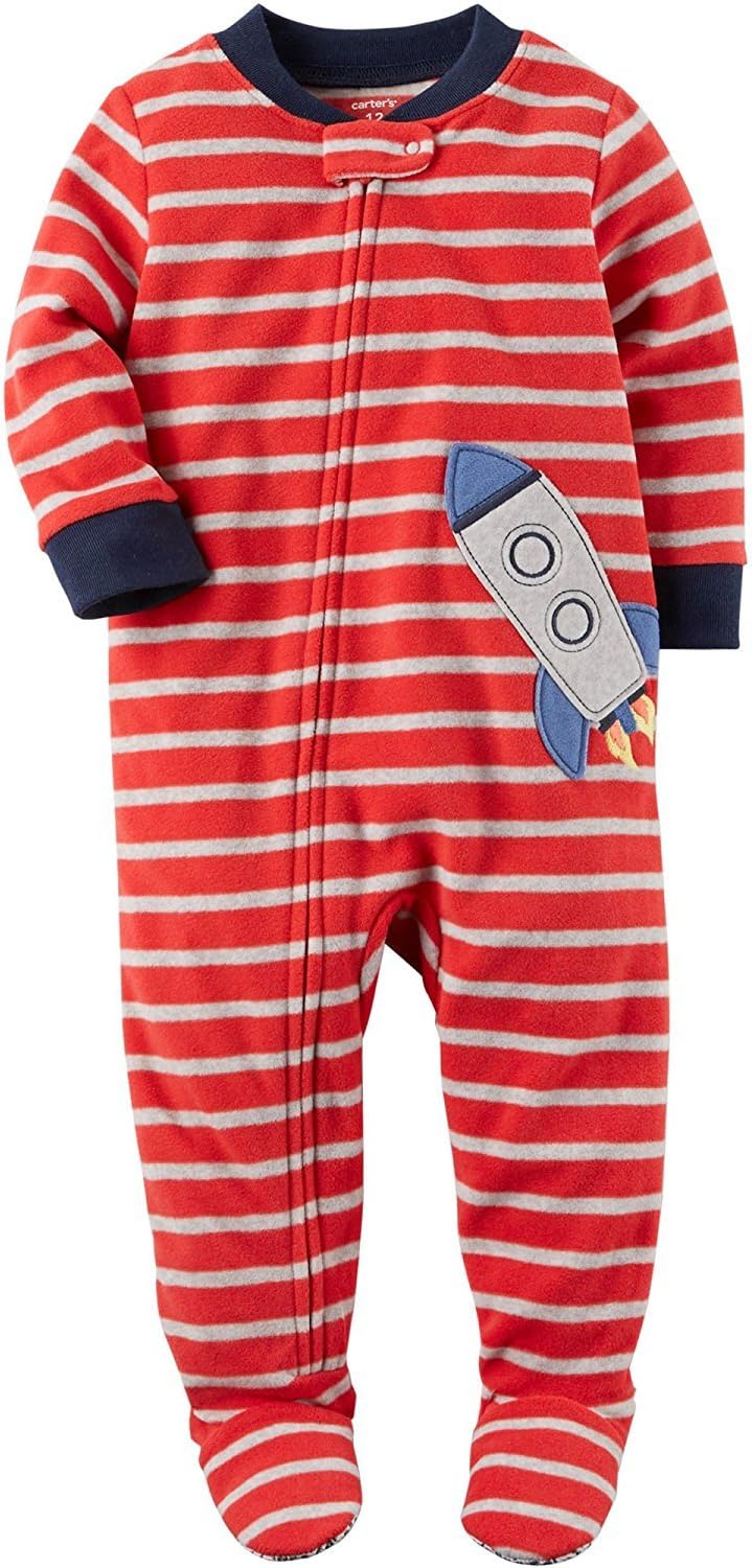 Carters Boys Red Striped Space Rocket Fleece Footed Pajama Sleeper 4T