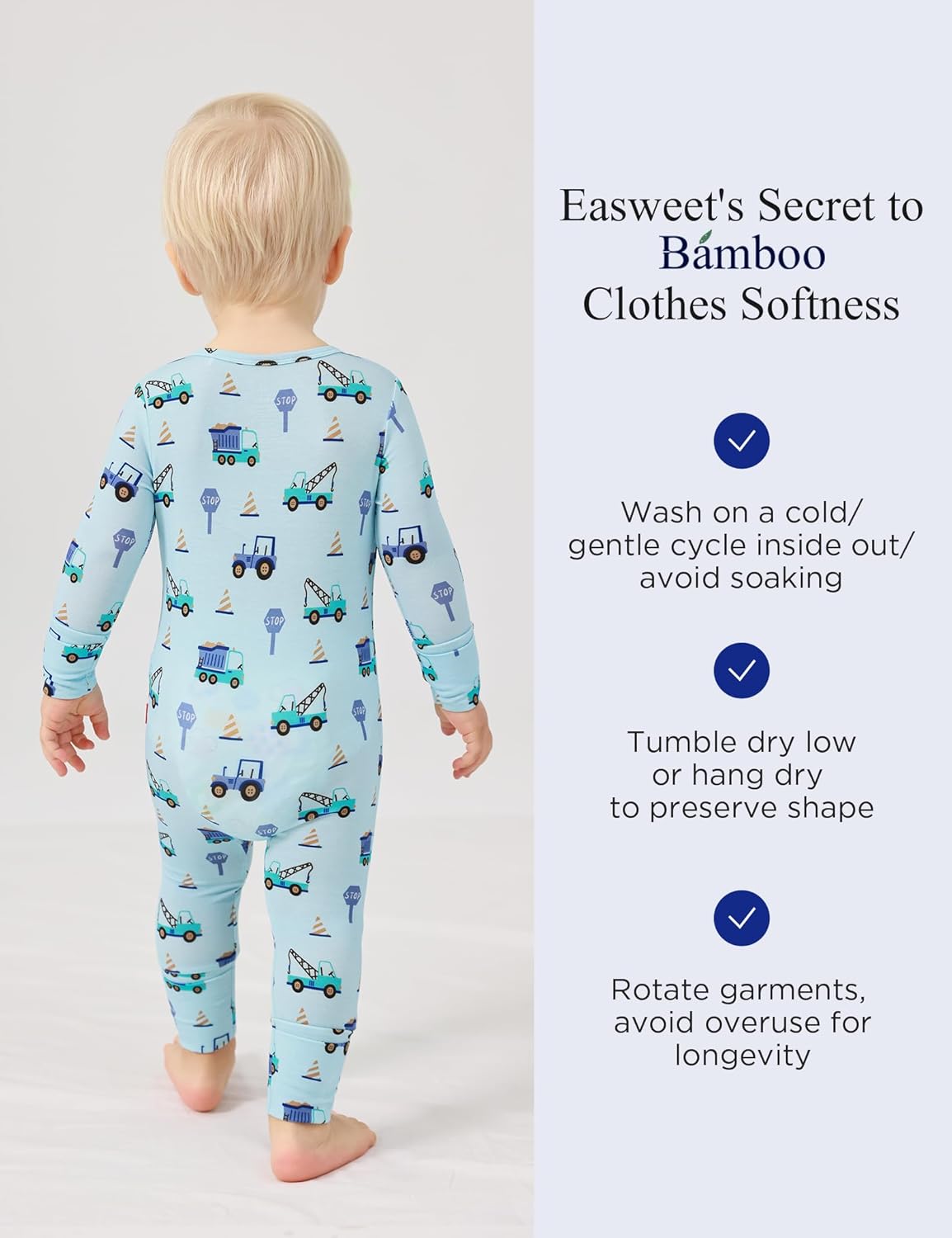 Easweet Bamboo Viscose Zipper Pajamas for Babies Snug Fit Soft