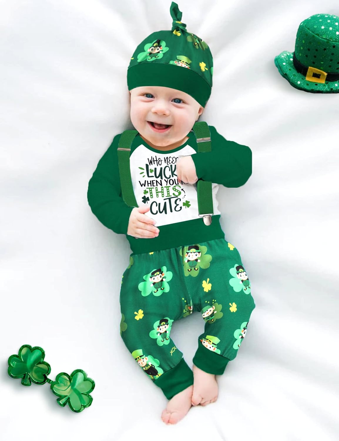 Queenstyle St Patricks Day Baby Boy Outfit 3Pcs Set