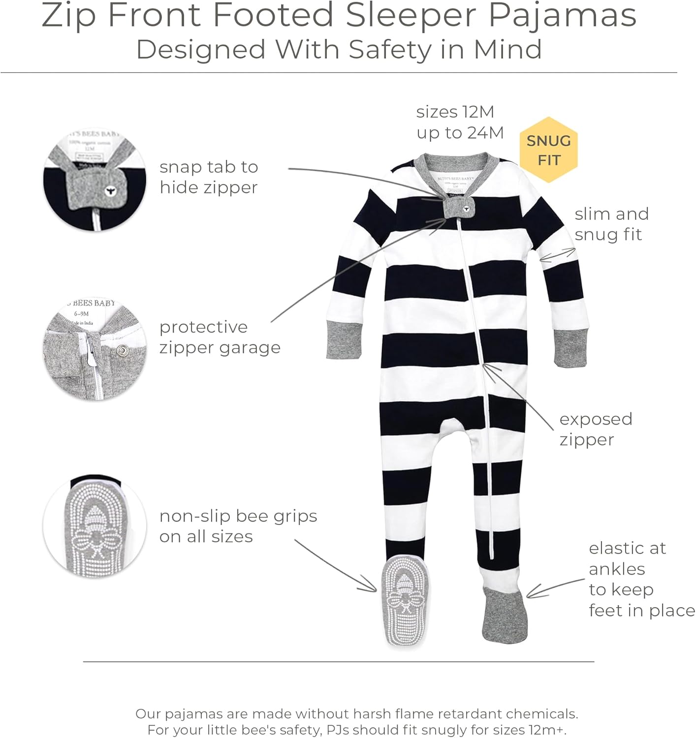 Burts Bees - Organic Cotton Pajamas for Boys - Zip-Front Sleepers