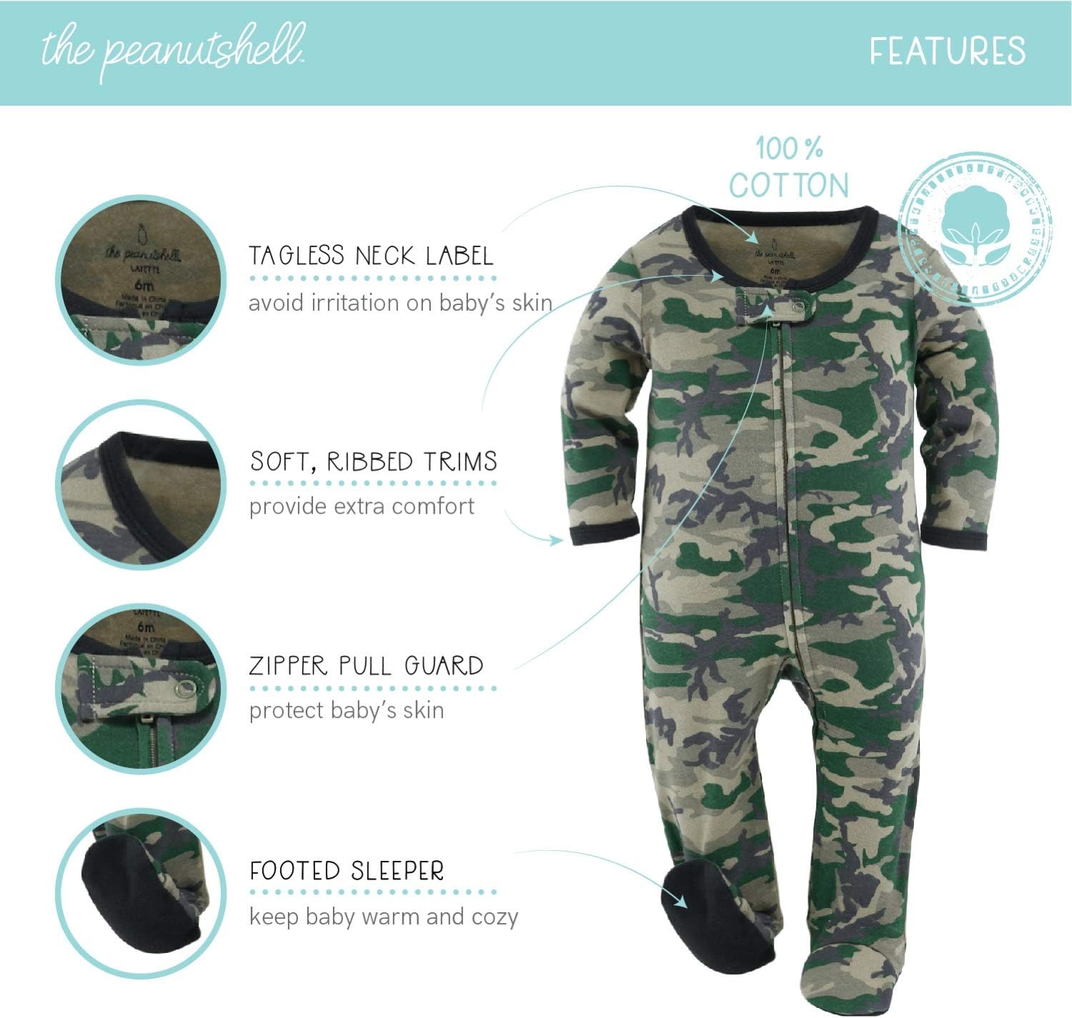 Peanutshell Camo Dinosaur Footed Sleepers for Boys