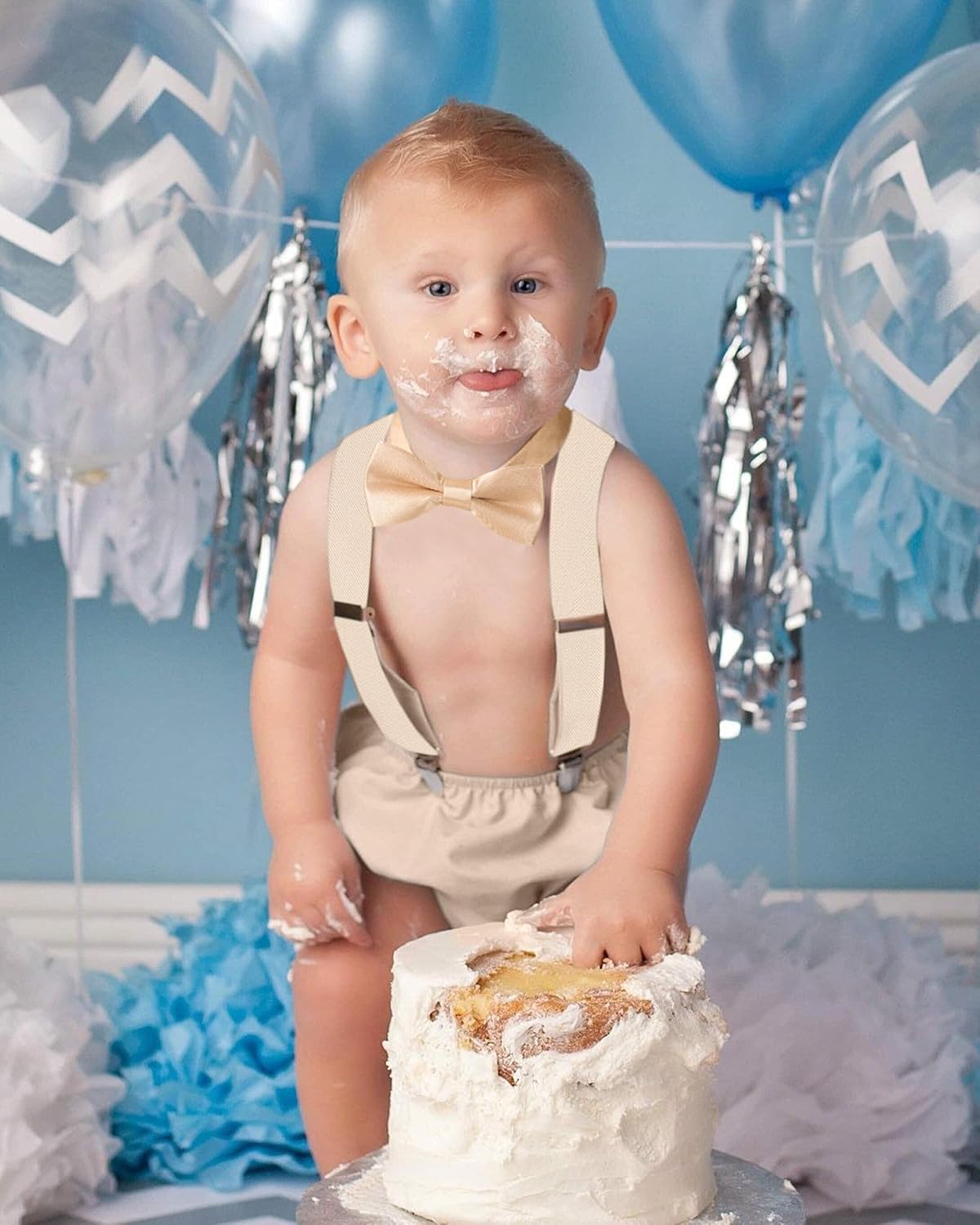 Bow Tie First Birthday Suspenders Diaper Cover Sparkling Crown for Baby Boys