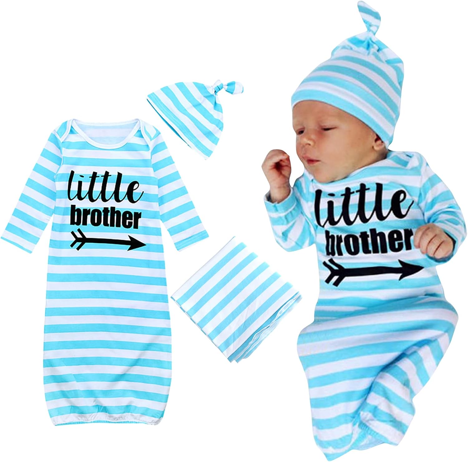 3 Piece Set for Newborn Boys Gown Blanket and Hat