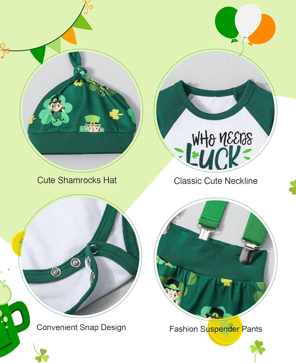 Queenstyle St Patricks Day Baby Boy Outfit 3Pcs Set