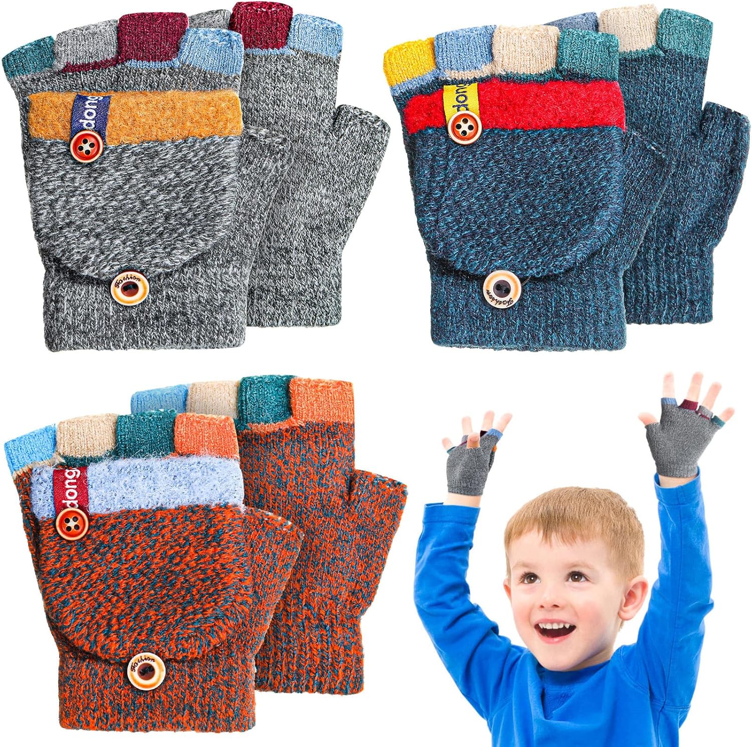 Handepo 3-Pair Kids Winter Gloves Convertible for 2-6 Year Olds