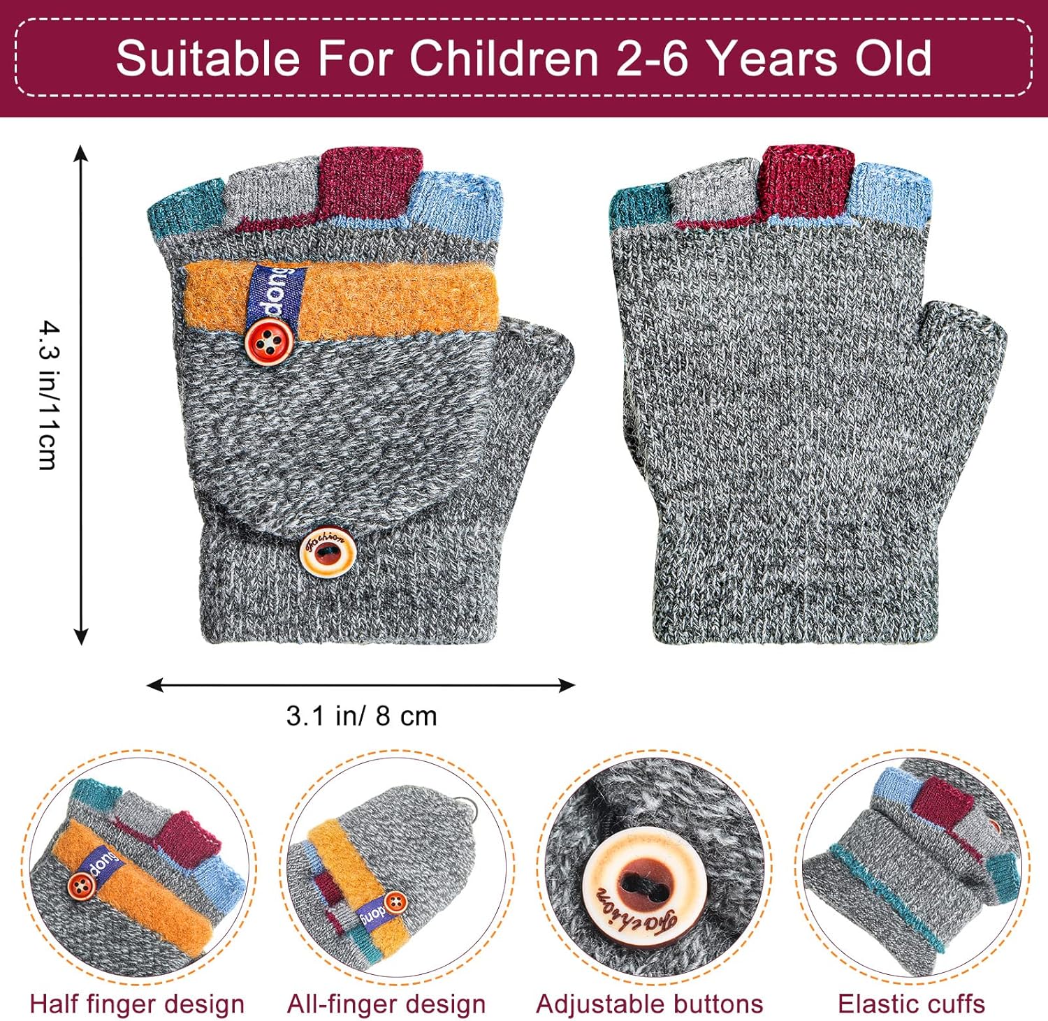 Handepo 3-Pair Kids Winter Gloves Convertible for 2-6 Year Olds